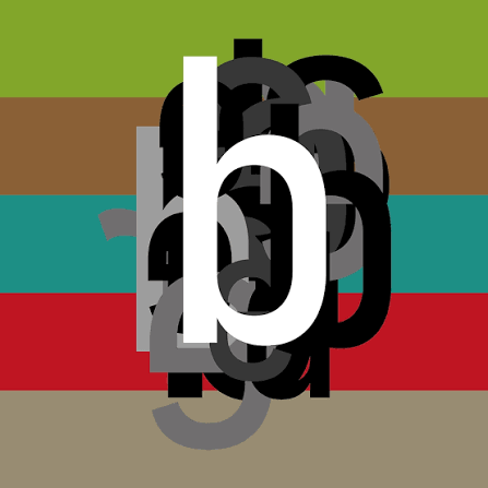 Een abstract kunstwerk met horizontale stroken in groen, bruin, blauw, rood, grijs en beige, overlaid met een zwart en wit ontwerp met de letters 'b' en 'h'.
