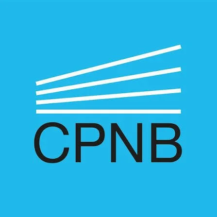 Logo met blauwe achtergrond en witte lijnen met de tekst 'CPNB' onderaan.