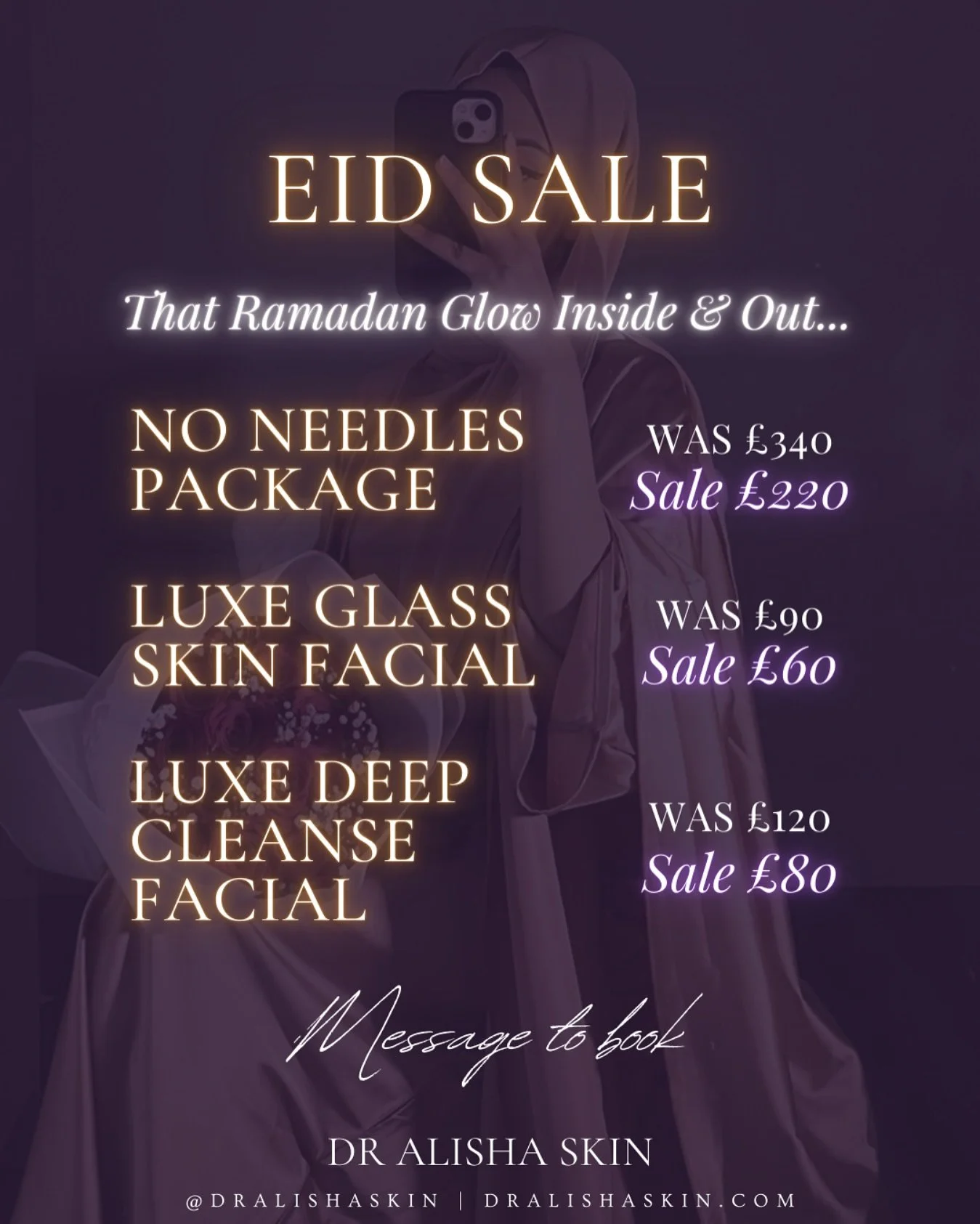 Eid Sale &ndash; That Ramadan Glow Inside &amp; Out ☪️✨

Celebrate this Eid month with feminine, nourishing treatments that refresh your skin &amp; renew your energy &ndash; NO Botox, NO Fillers, just soft, radiant beauty through real, skin-loving ca