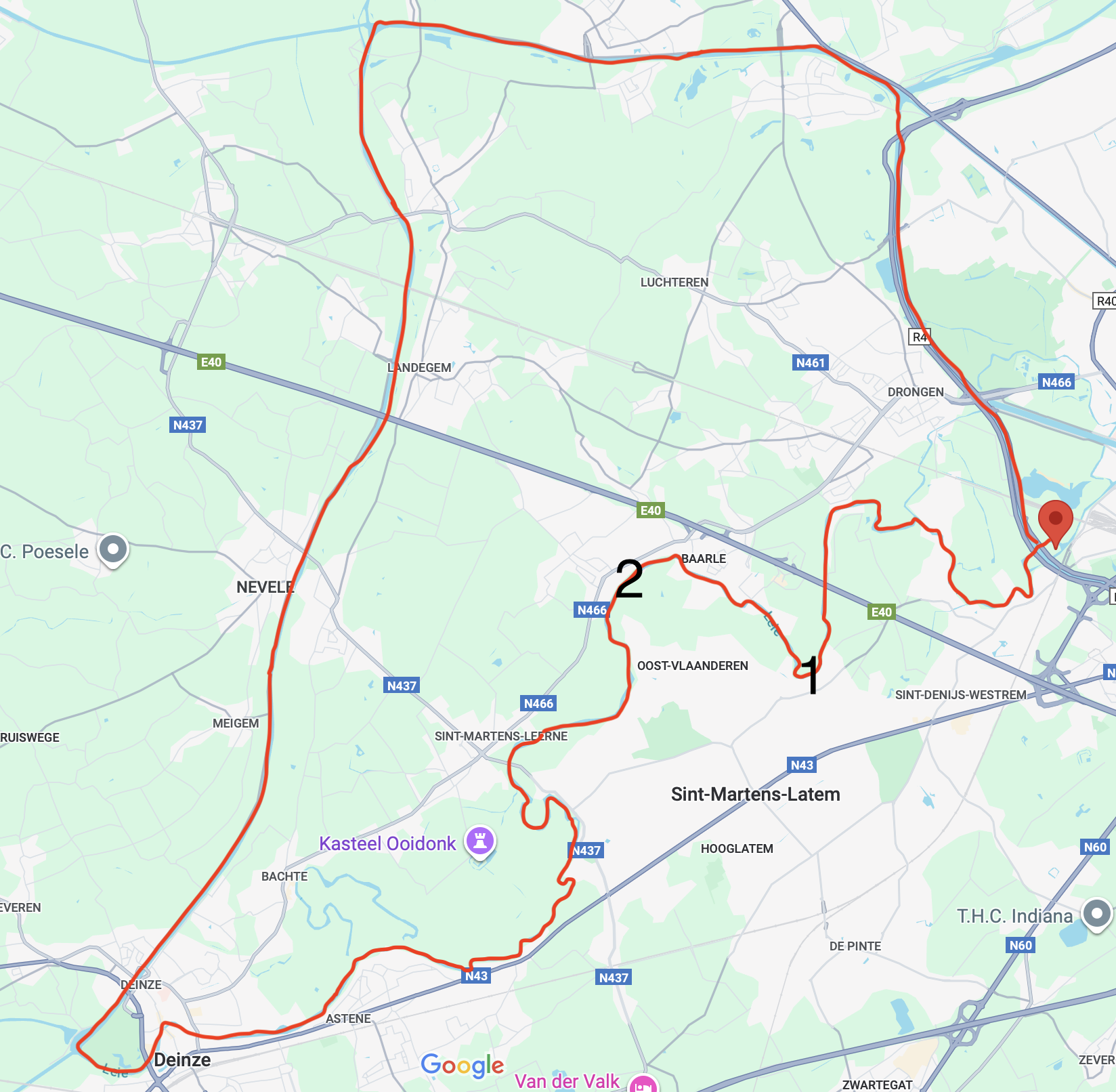 Kaart van een route in België, gemarkeerd in rood, met start- en eindpunt. De route loopt door plaatsen zoals Deinse, Astene, Bachte, Sint-Martens-Latem, Nevele, Landegeem, en Drongen, langs wegen en rivieren.