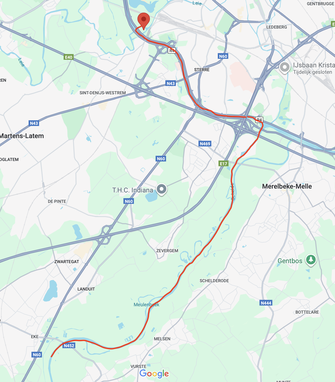 Kaart met route van Eek naar Gent, met verschillende snelwegen en steden.