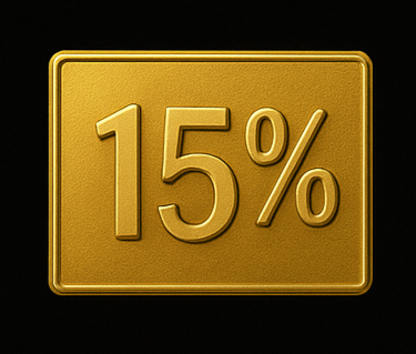 Gold-colored rectangular sign with raised 15% in the center.