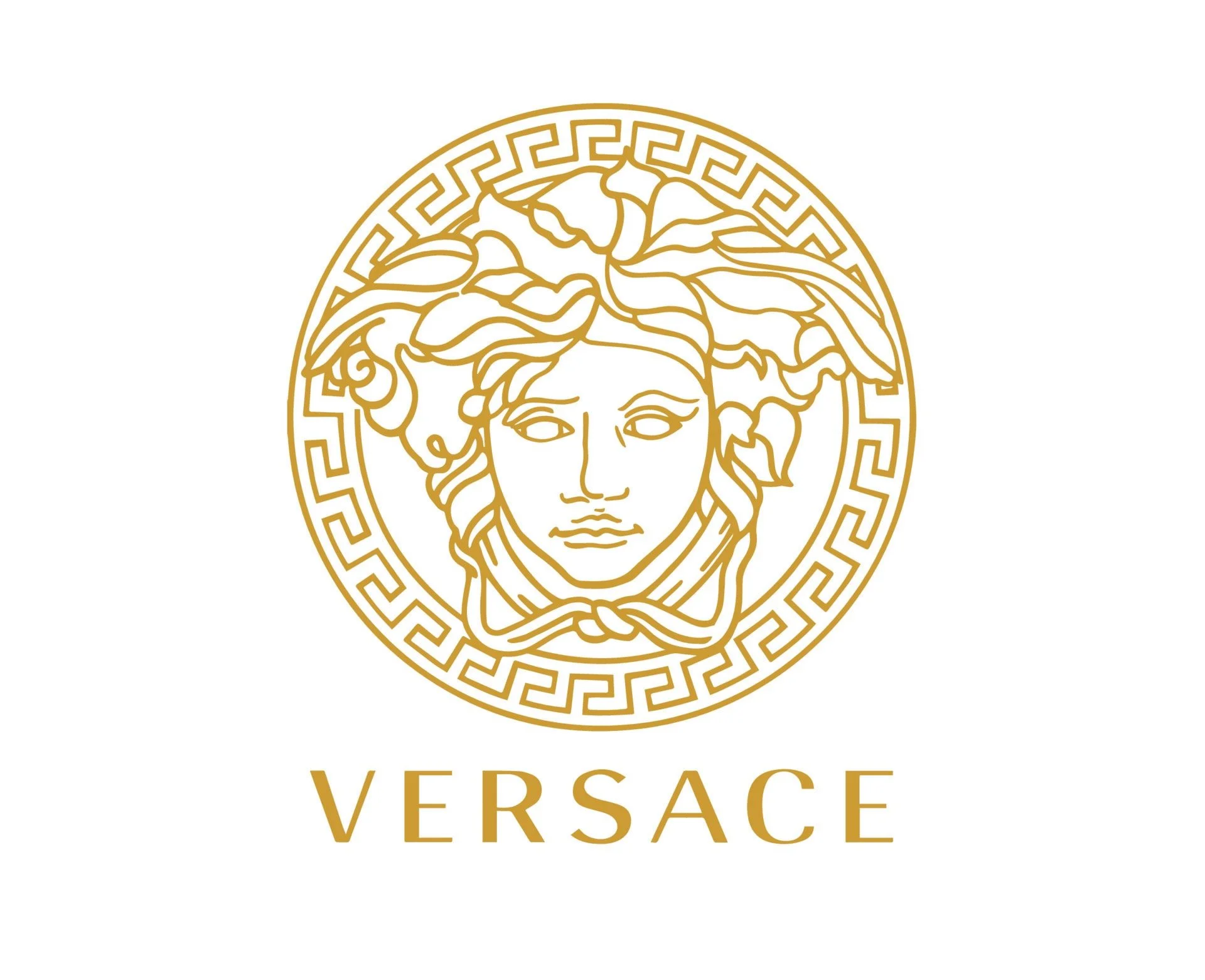 Gold Versace logo featuring Medusa head surrounded by a Greek key pattern