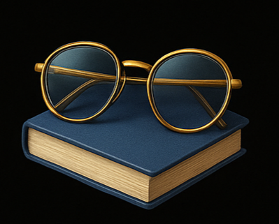 Golden round eyeglasses resting on a closed blue book with a black background.