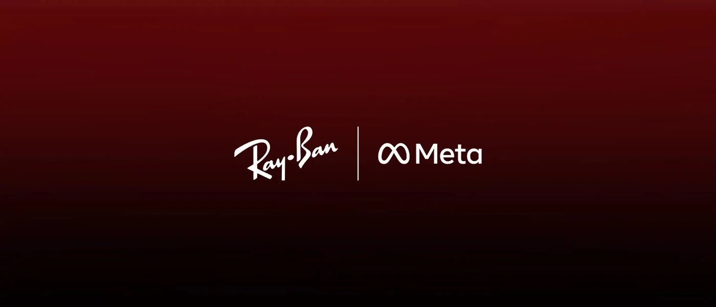 Ray-Ban and Meta logos on a dark red and black gradient background.
