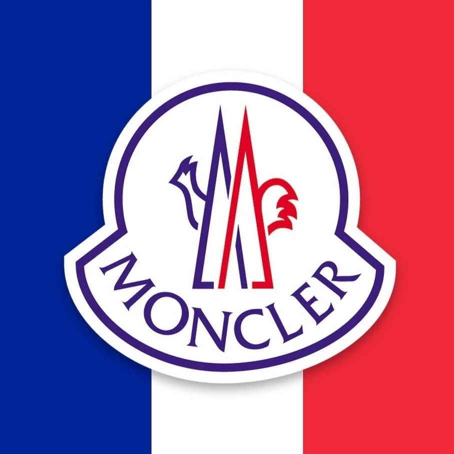 Moncler logo over a background of the French flag with blue, white, and red vertical stripes.