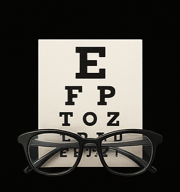 Eye glasses in front of an eye chart with letters E, F, P, T, O, Z.
