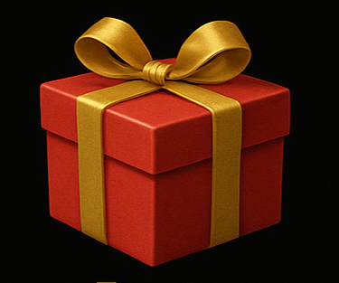 Red gift box with a gold ribbon bow on black background.