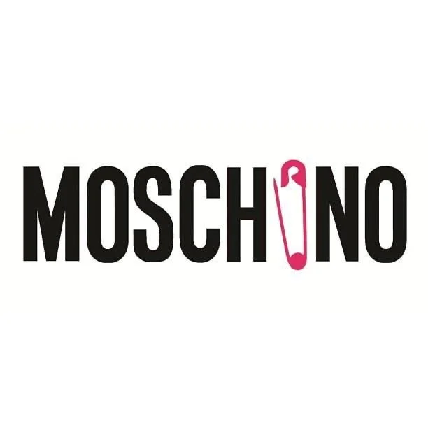 Moschino logo with the letter 'N' replaced by a pink safety pin.