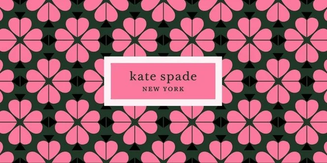 Kate Spade New York logo on a floral pattern background in pink and black.