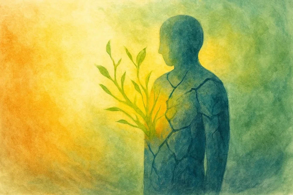 A hand-painted image of a faceless figure with a cracked outer layer, warm green shoots emerging from within, symbolising growth and change through softening rather than force.