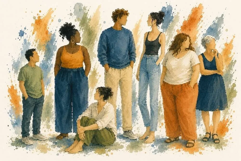 A diverse group of people with different ages, body shapes and appearances, depicted in loose blue, green and orange painterly brushstrokes against a light background.