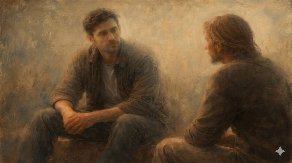 Impressionistic painting of a man sitting with a therapist, the two figures facing each other in a softly lit, blurred room suggesting a therapy conversation.