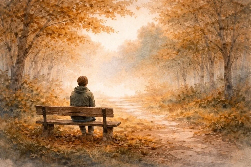 A digital watercolour painting of a person sitting alone on a wooden park bench, viewed from behind, looking down a misty path through a forest of orange and gold autumn trees.