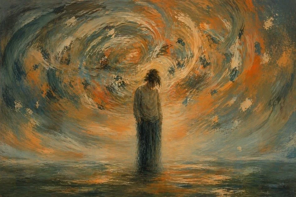 Semi-impressionistic painting of a solitary figure surrounded by soft swirling brushwork in warm orange, green and blue tones, suggesting anxiety and inner tension.