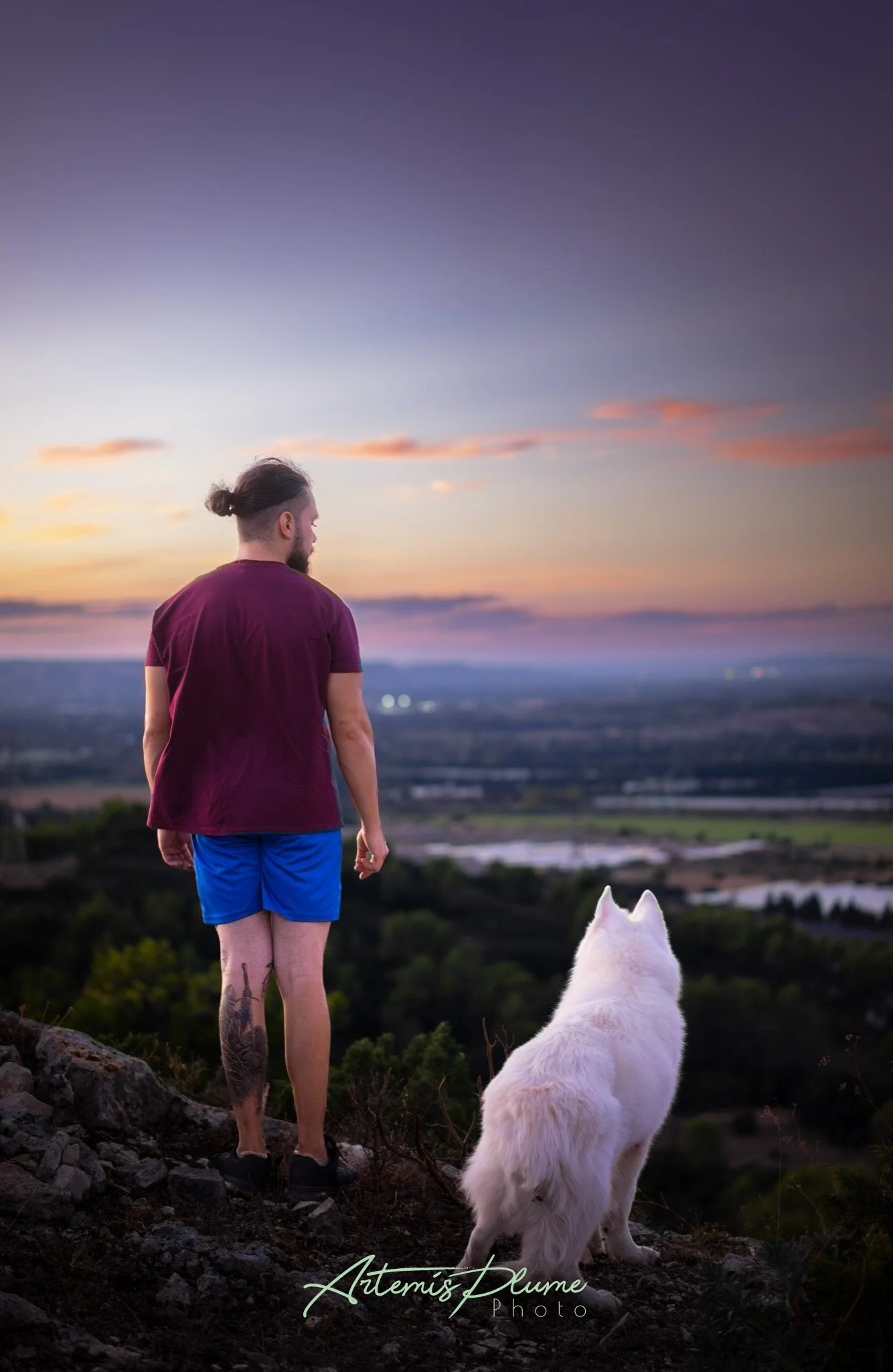 Photo d'un homme musclé aux cheveux longs attachés à côté de son chien berger blanc suisse. les deux sont de dos et regardent un paysage après le coucher de soleil