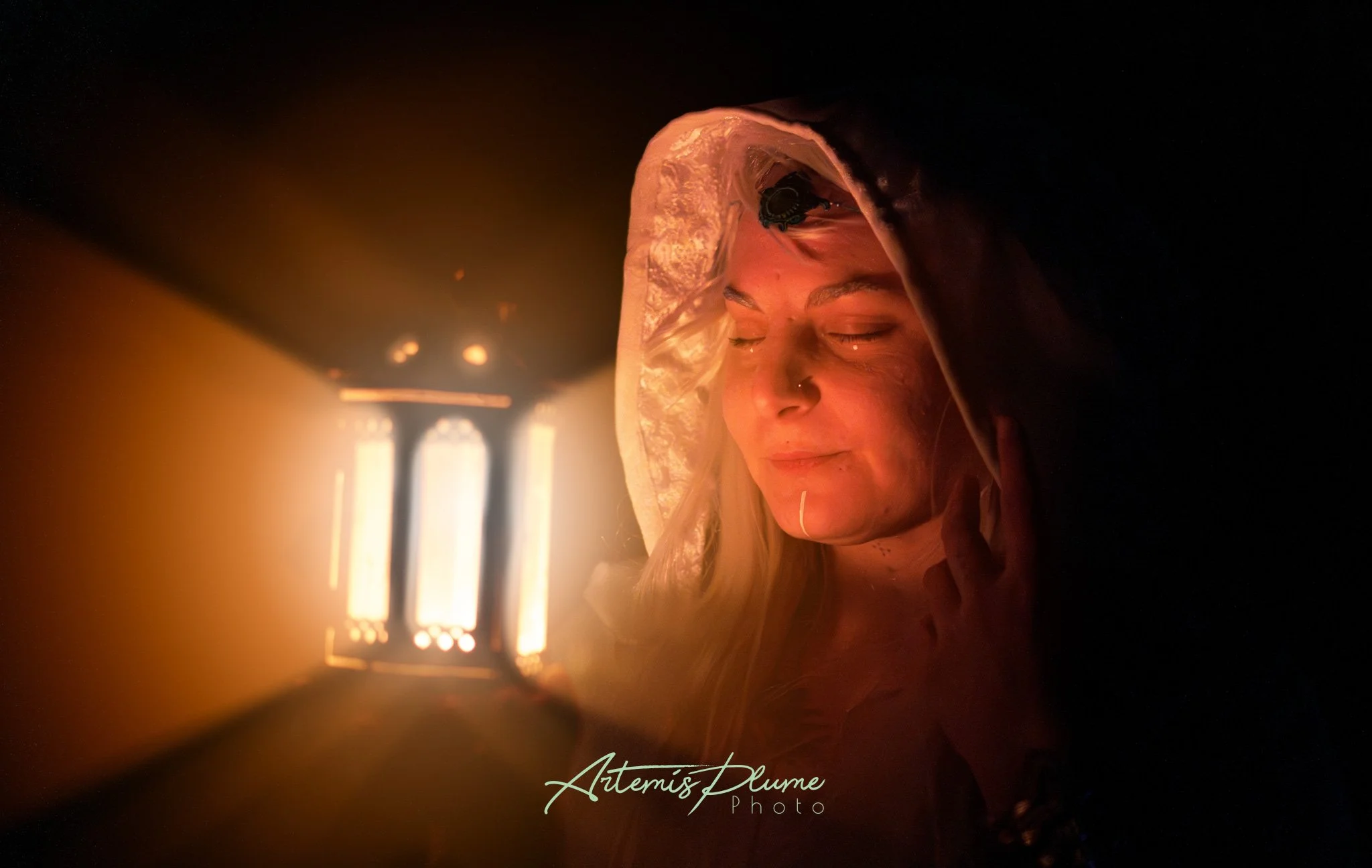 Photo d'une femme en costume d'elfe, regardant une lanterne 