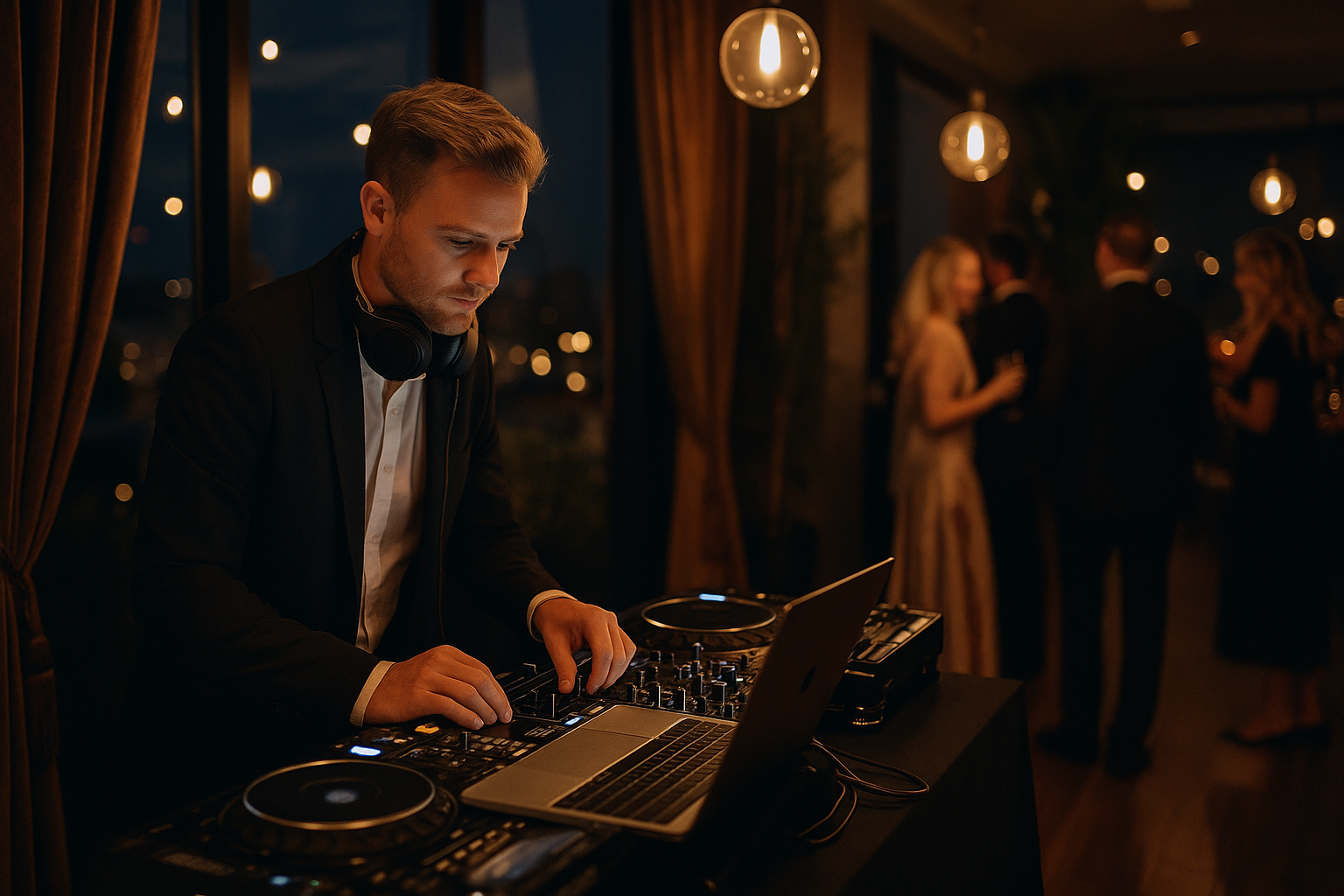 Professional DJ mixing music at a wedding or event in Manchester, with premium sound and lighting