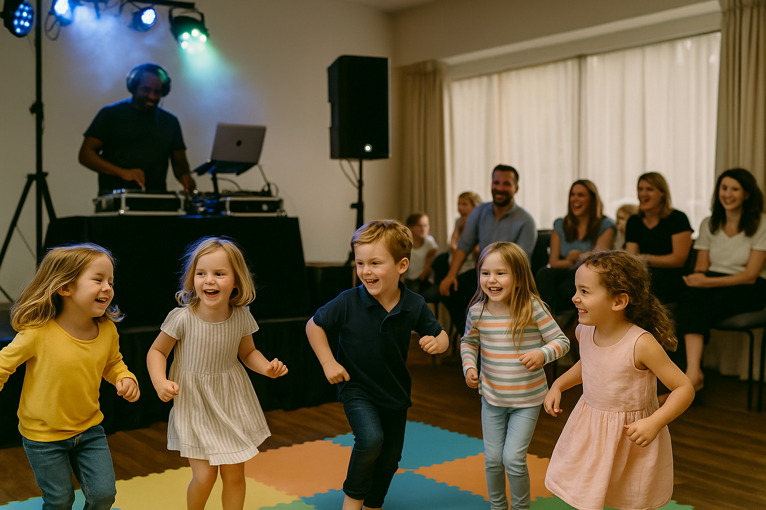 Children dancing joyfully at a kids’ party with a DJ playing music