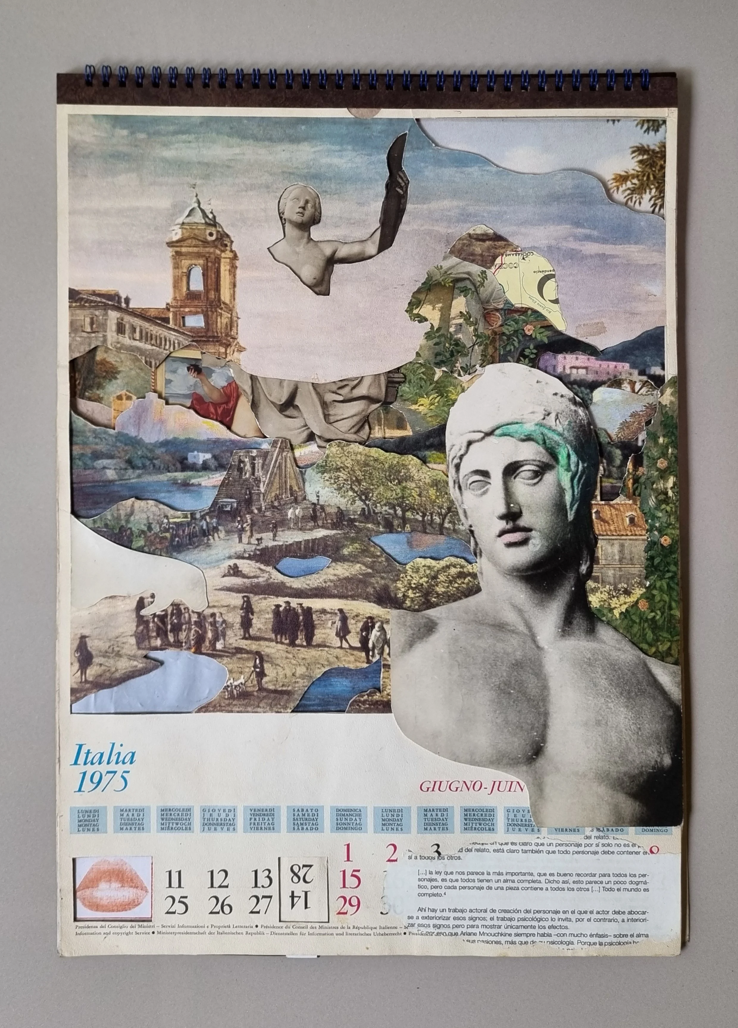 Turning time, 2022. Collage on a 1975 Italian calendar with watercolor pencils, collected paper, and washi paper on the reverse side - 31 × 44