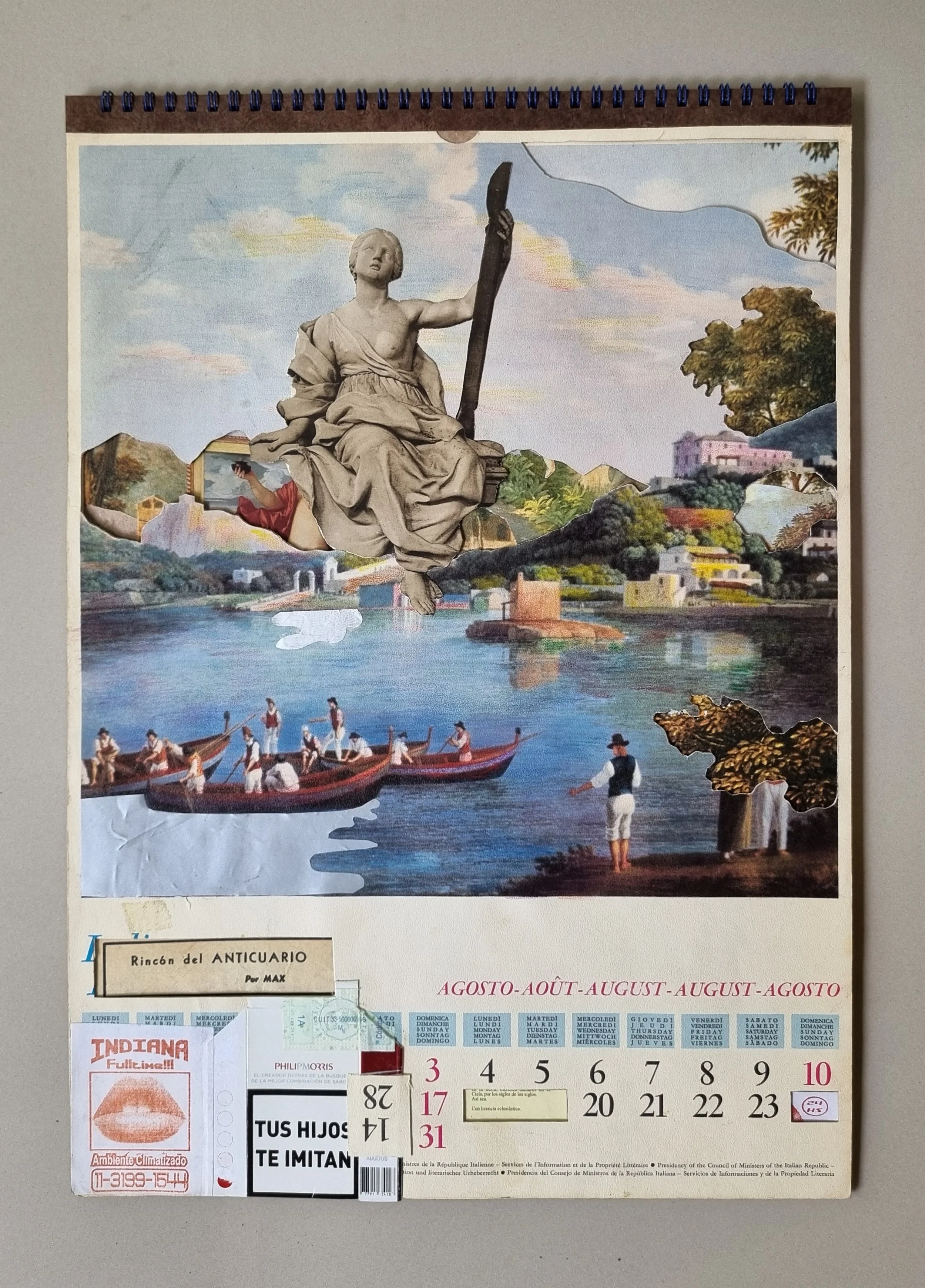 Turning time, 2022. Collage on a 1975 Italian calendar with watercolor pencils, collected paper, and washi paper on the reverse side - 31 × 44