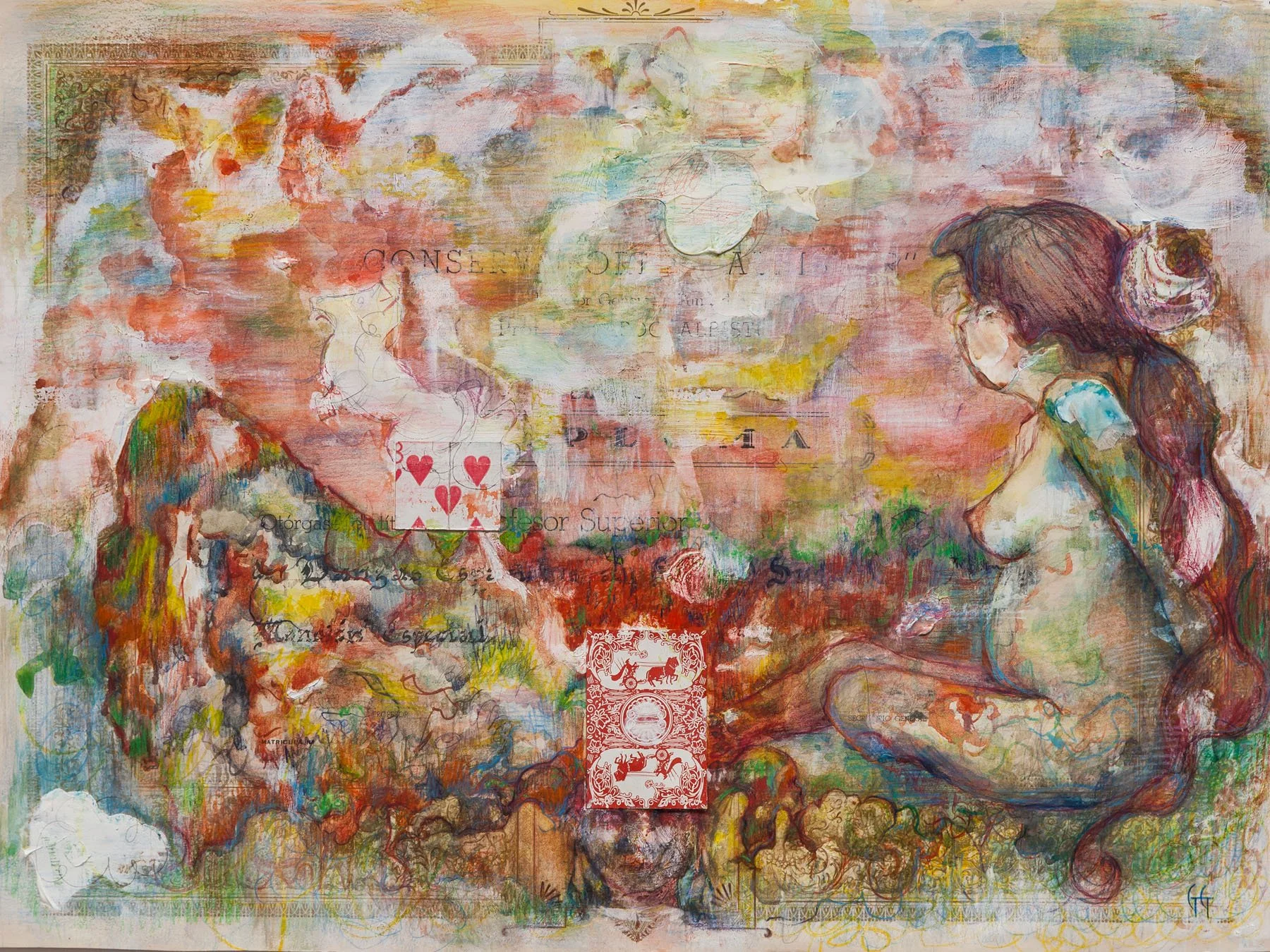 故郷 - Pueblo natal, Atardecer de verano después de la tormenta / Homeland, Summer sunset after the storm, 2020. Watercolor, acrylic, and watercolor pencils on found diploma, with integrated playing cards - 47 × 34. Photo: Catalina Romero (c)