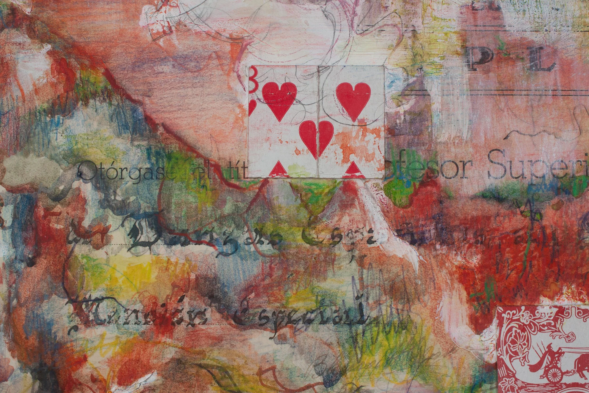 故郷 - Pueblo natal, Atardecer de verano después de la tormenta / Homeland, Summer sunset after the storm, 2020. Watercolor, acrylic, and watercolor pencils on found diploma, with integrated playing cards - 47 × 34. Photo: Catalina Romero (c)