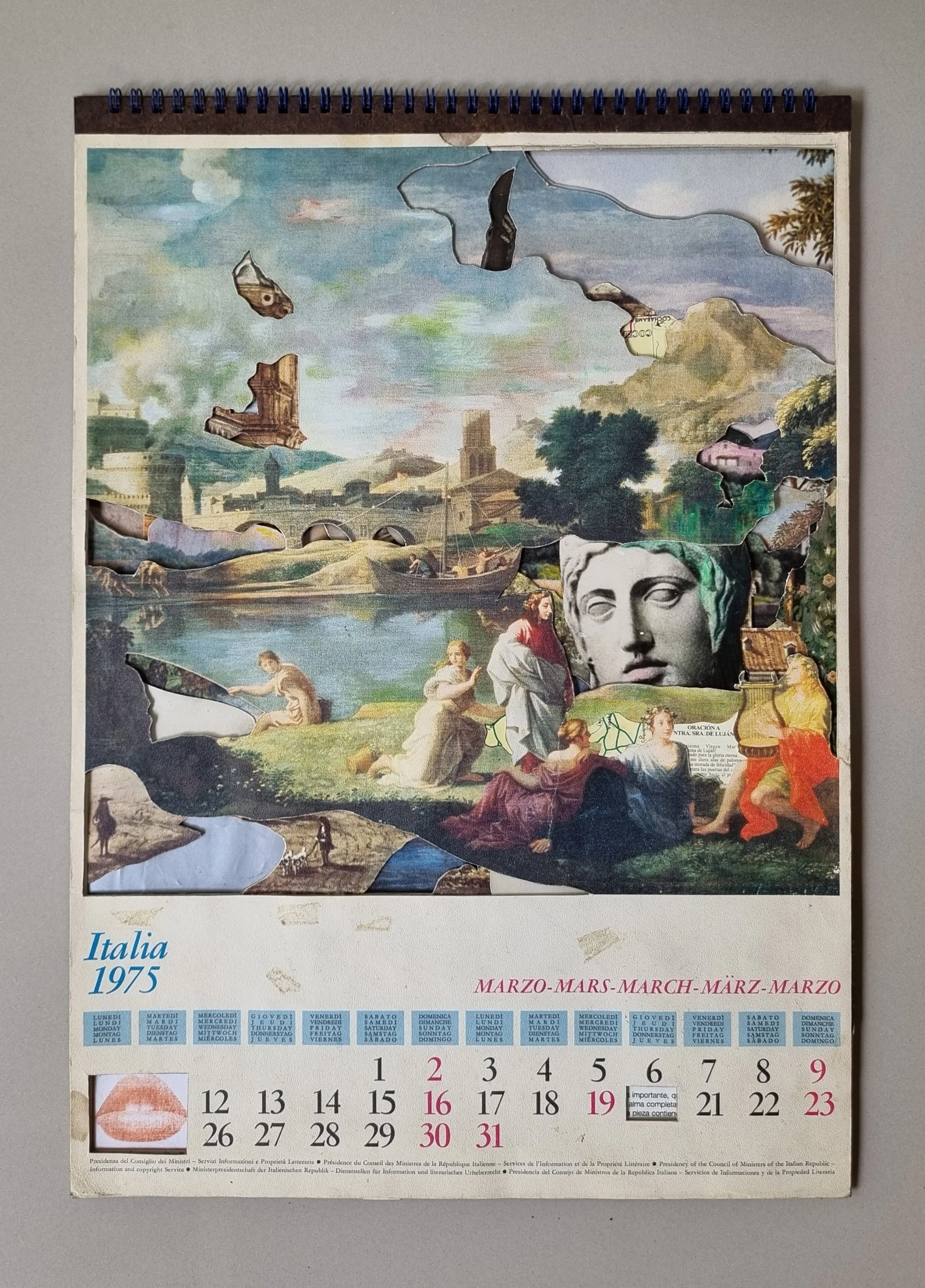Turning time, 2022. Collage on a 1975 Italian calendar with watercolor pencils, collected paper, and washi paper on the reverse side - 31 × 44