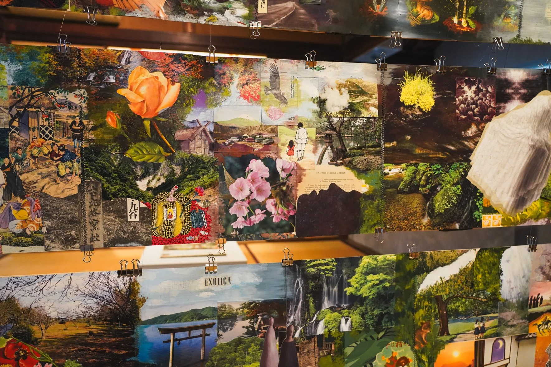 帰る - To return home / Regresar a casa, 2025.
Collage on pages from a 1960s botanical book, hand-stitched together. Photo: Hanako Nakane (c)