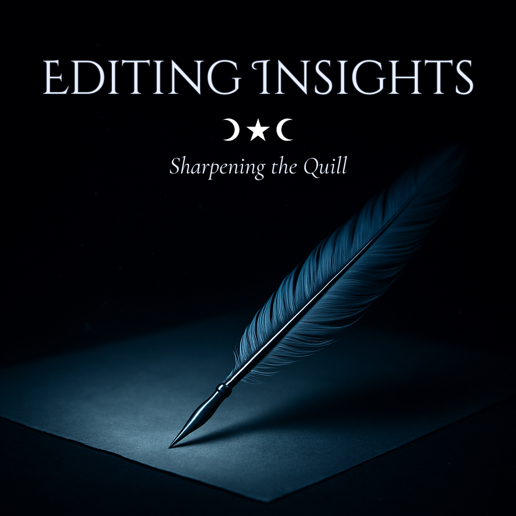 A silver quill writing under moonlight across parchment pages, symbolising the precision and clarity of editing.