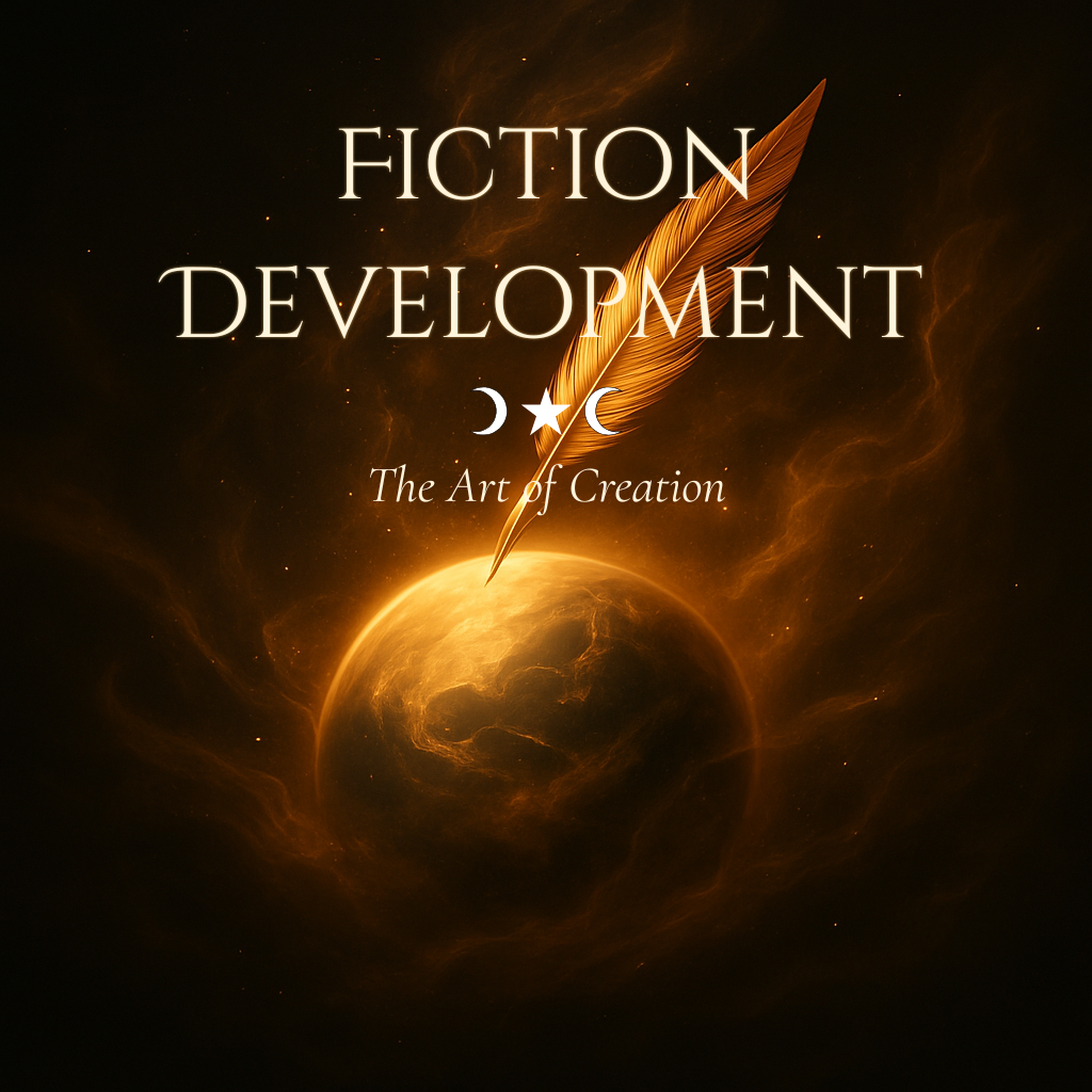A golden glow surrounds a floating globe, symbolising worldbuilding, character creation, and plot development.