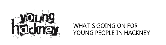 The Young Hackney logo shows the words 'Young Hackney' in a creative font and 'WHAT'S GOING ON FOR YOUNG PEOPLE IN HACKNEY' in plain text.