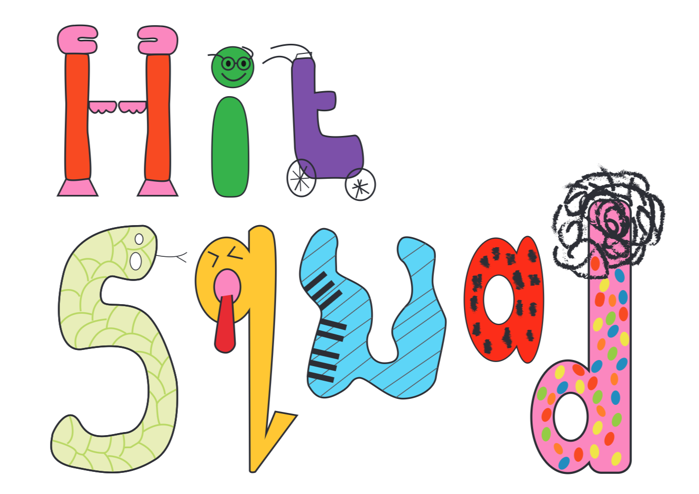The Hit Squad logo is a colorful, cartoon-style letters spelling 'Hit Squad' with playful designs and patterns.