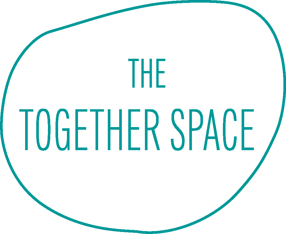 The image shows the together space logo writen in turquoise writing in an uneven circle