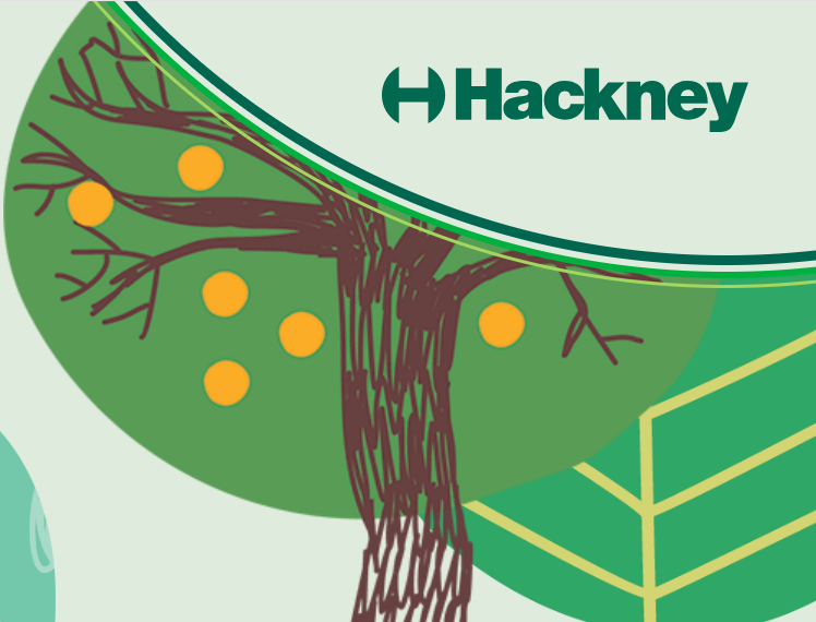 The image shows the Hackney council logo on a tree drawing