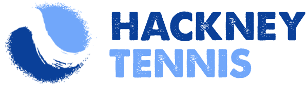 The image shows the logo Hackney Tennis written in light and dark blue font with a tennis like image