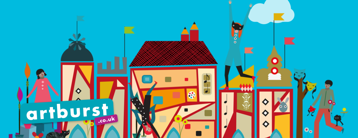 The image shows colourful graphic houses and people with Artburst's name/ website