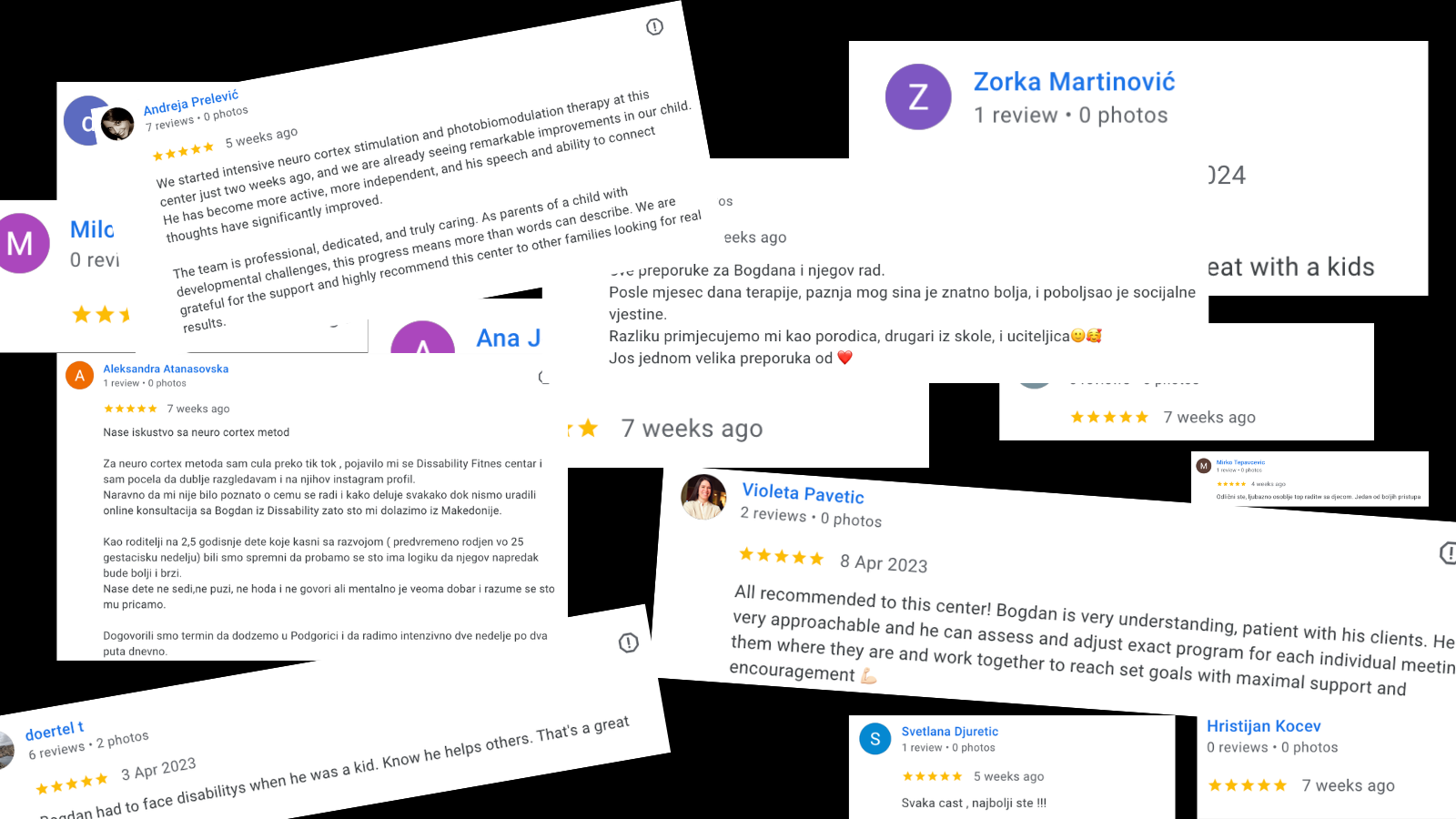 Collage of multiple online reviews with star ratings, written in various languages, about a therapy center or professional, with some reviews including profile pictures and dates.
