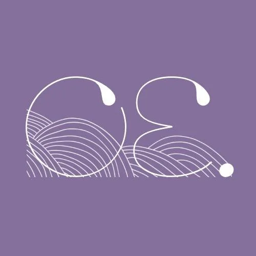 Abstract white line art of eyes and waves on a purple background.