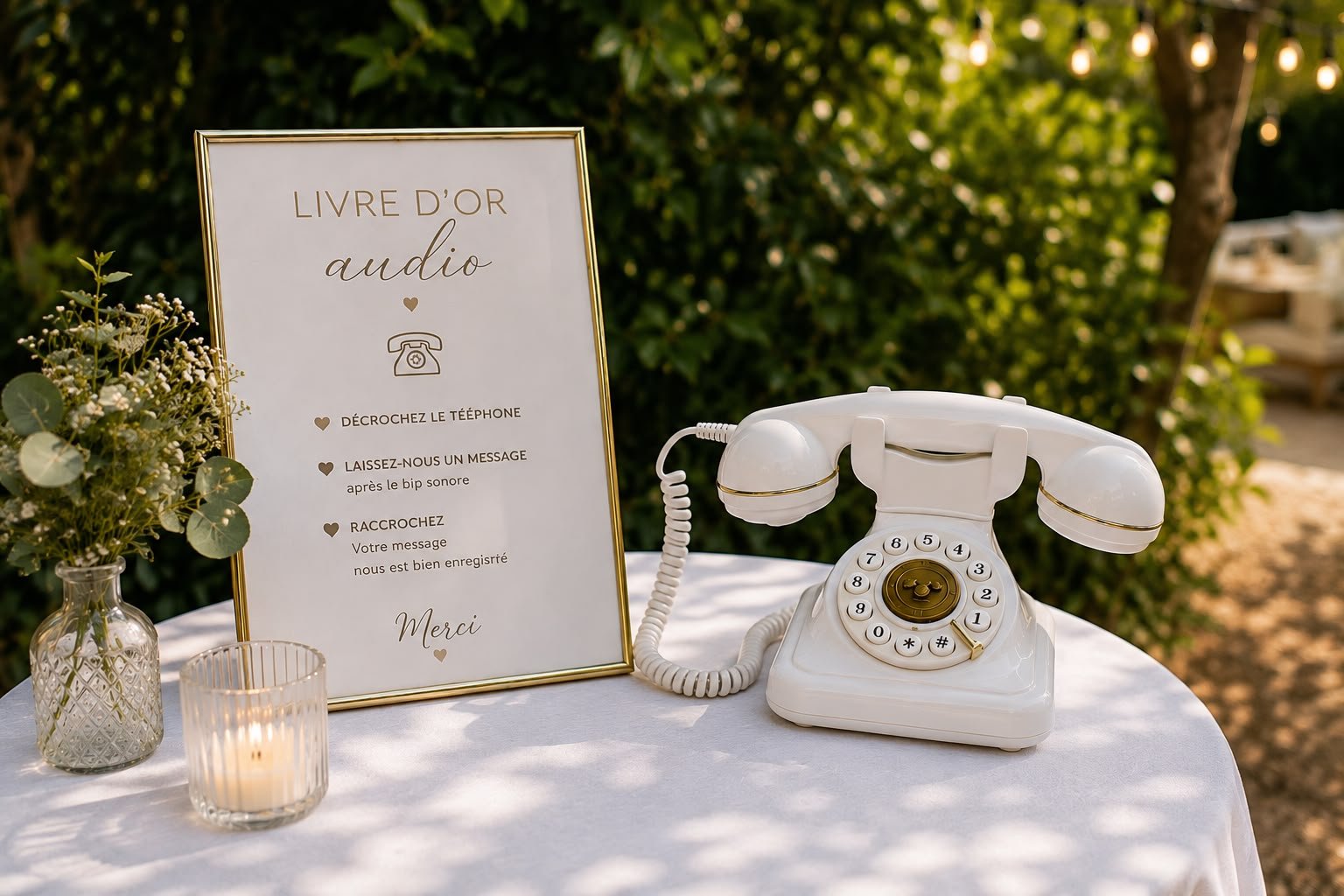 A white vintage rotary telephone on a white table, next to a framed sign in French with instructions about the phone, a small vase with greenery, and a lit candle, outdoors with greenery and string lights in the background.