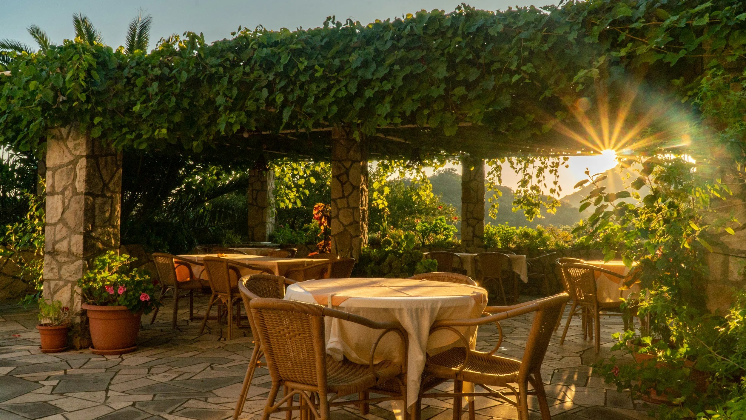 an elegant outdoor dining area featuring upscale furniture, gourmet kitchen, and a pergola surrounded by beautiful landscaping.