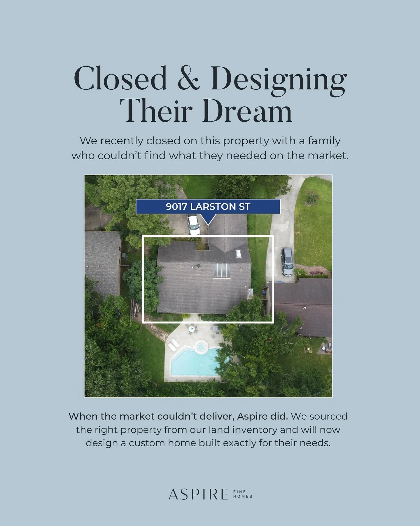 Another dream is officially in motion. ✨

This family couldn&rsquo;t find the right fit on the market, so Aspire stepped in. We sourced the perfect property from our land inventory, and now we&rsquo;re designing a custom home that checks every box.

