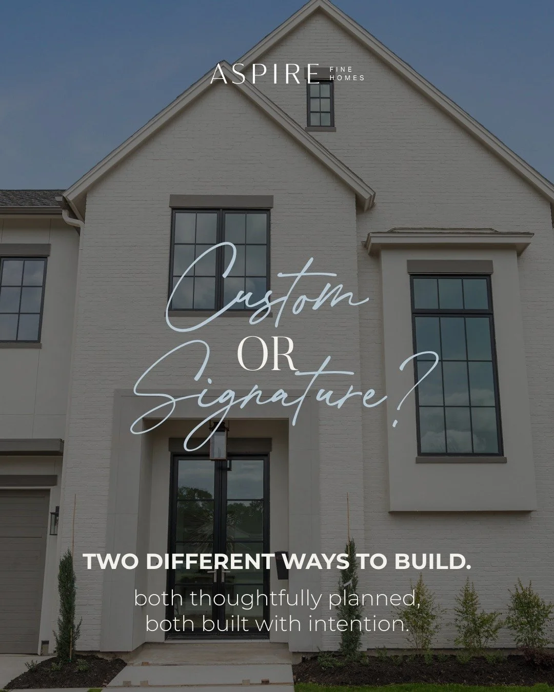 Two ways to build. One standard.

Custom gives you a blank canvas on your lot. Signature gives you a thoughtfully planned home in a location we believe in.

Both are built the Aspire way. Organized, intentional, and designed to age well. Let&rsquo;s 