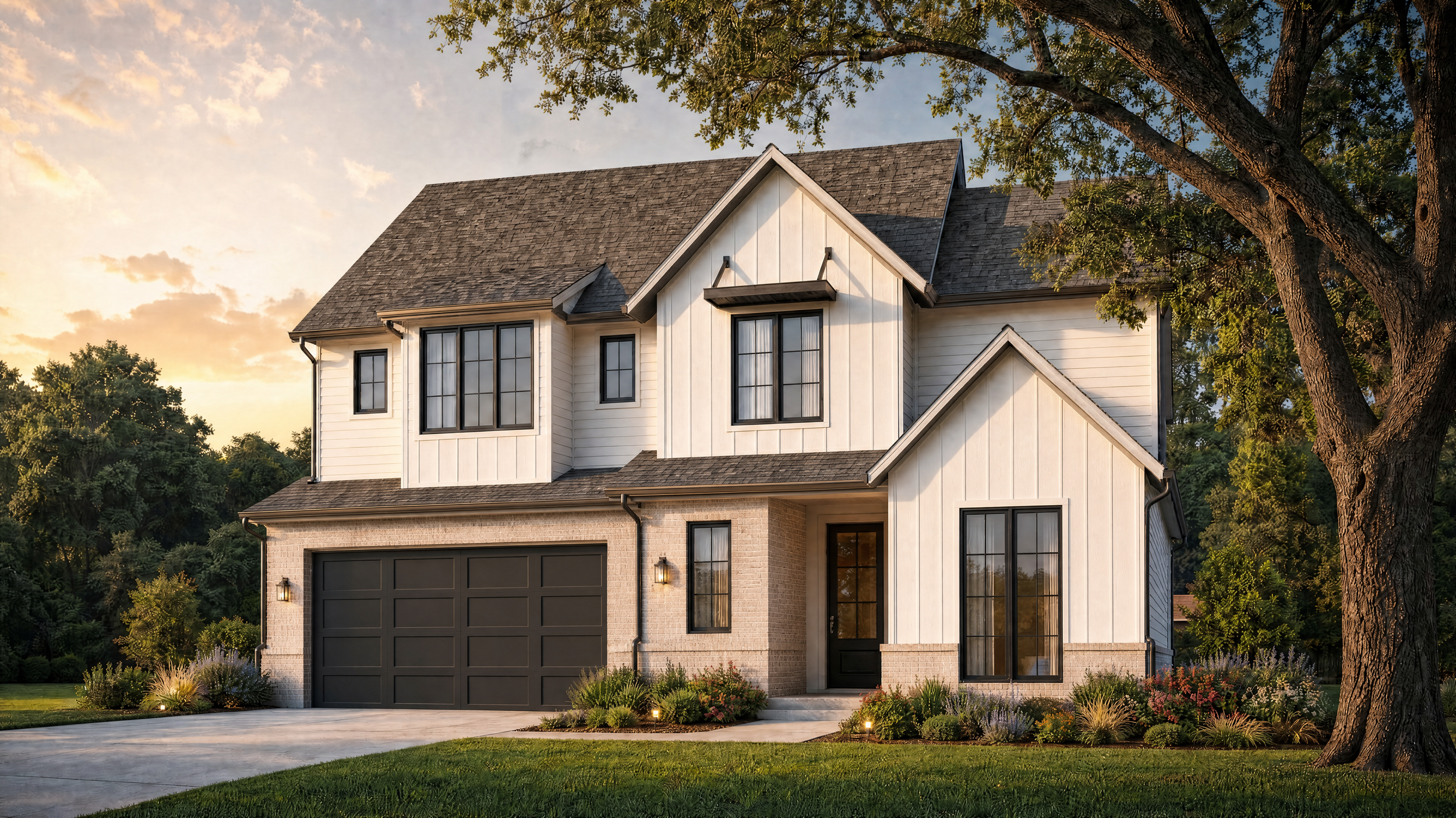 rendering of luxury front elevation featuring white siding and brick finishes