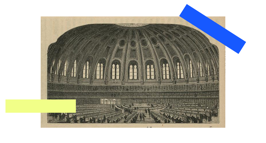Sepia illustration of British Library from Victorian era. Overlaying the image are electric blue and yellow strokes