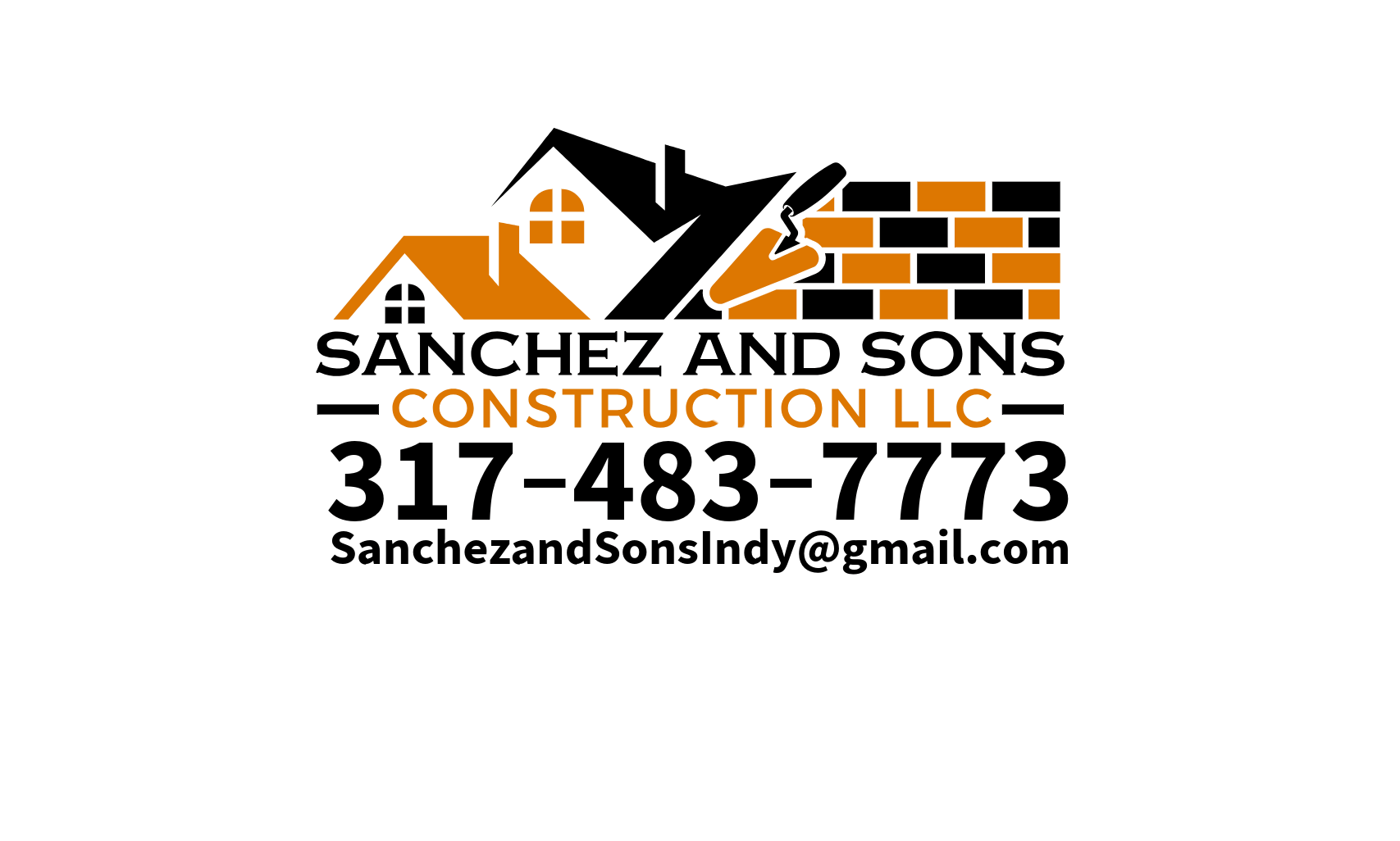 Logo of Sanchez and Sons Construction LLC with illustrations of houses and a brick wall, contact information including phone number and email