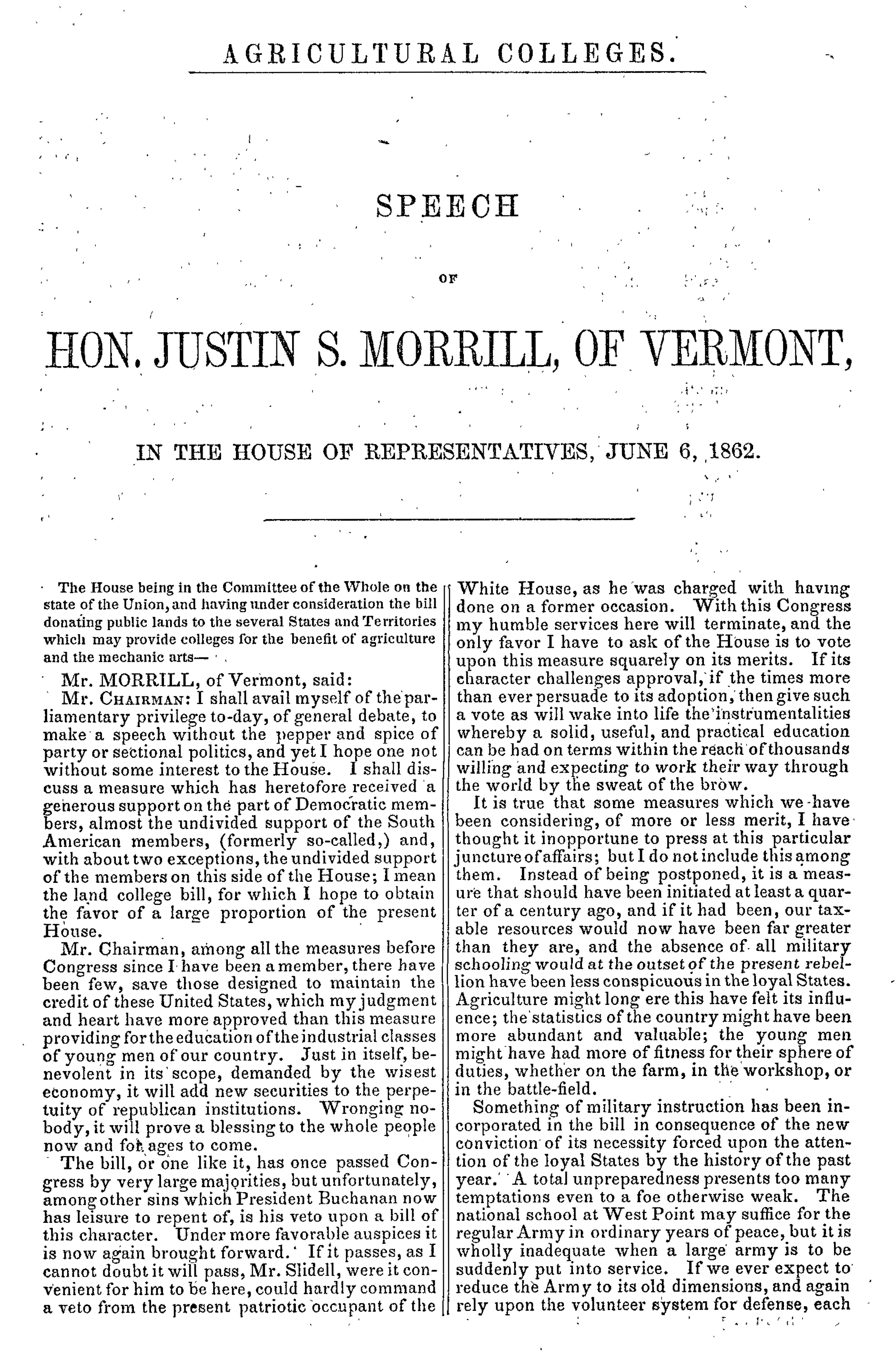 Historic newspaper clipping of a speech by Hon. Justin S. Morrill of Vermont, delivered on June 6, 1862, in the House of Representatives, discussing the Civil War, military readiness, and national unity.