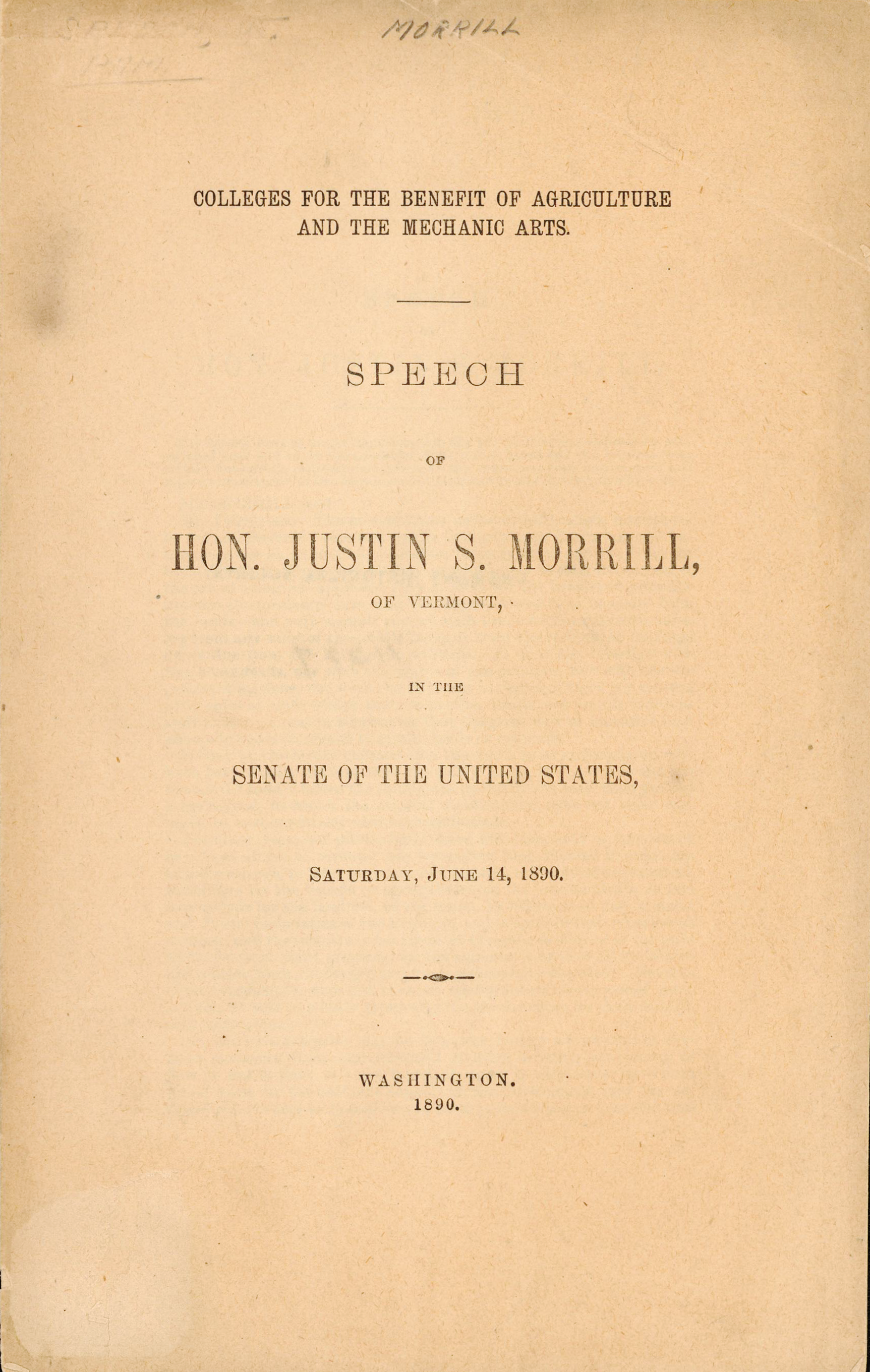Historical document page titled "Speech of Hon. Justin S. Morrill, of Vermont, in the Senate of the United States, Saturday, June 14, 1890," published in Washington, 1890.