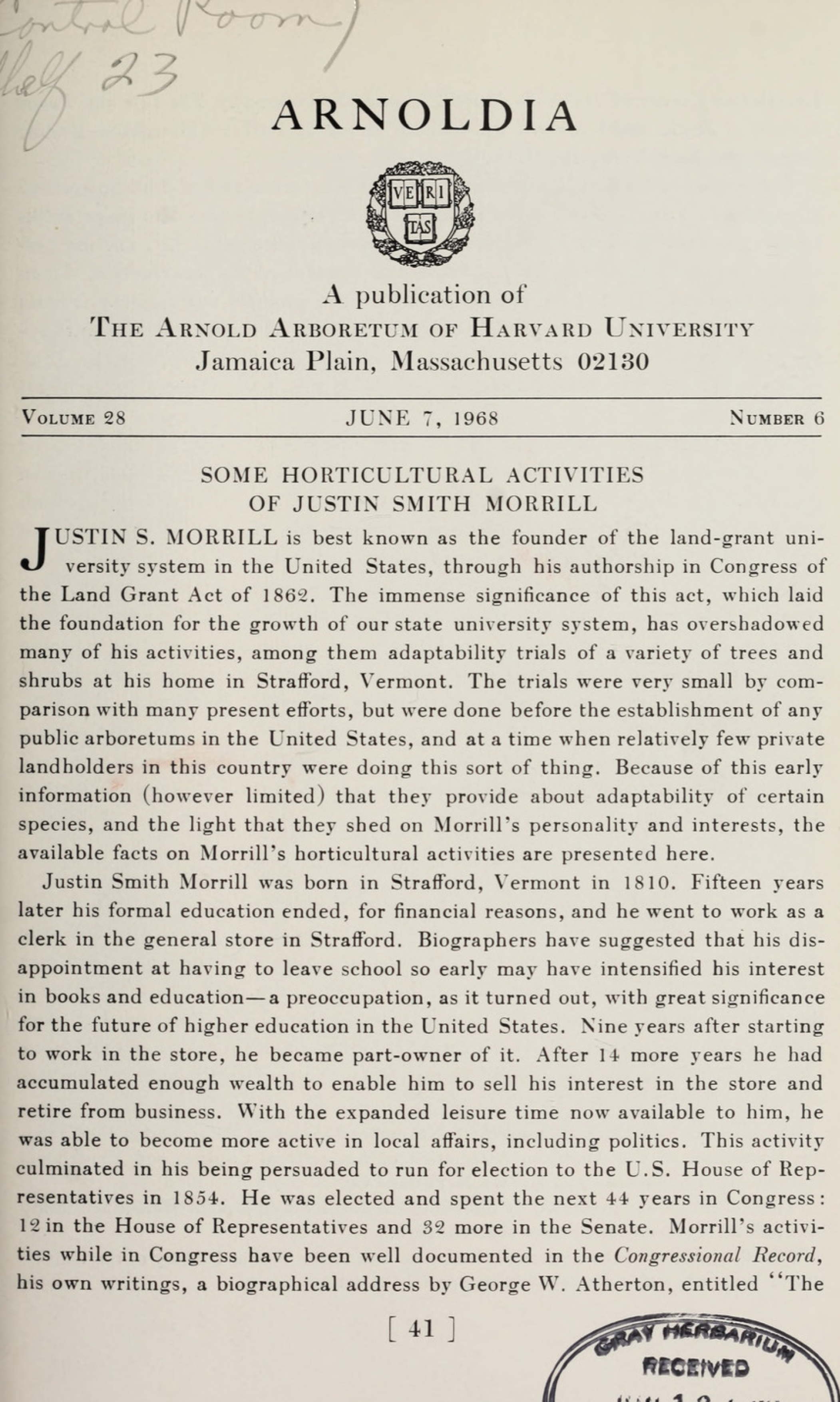 Page from an old publication titled "Arnoldia," dated June 7, 1968, Volume 28, Number 6. The page discusses Justin Smith Morrill and his contributions to horticultural activities, his biography, and his role in the U.S. Congress.