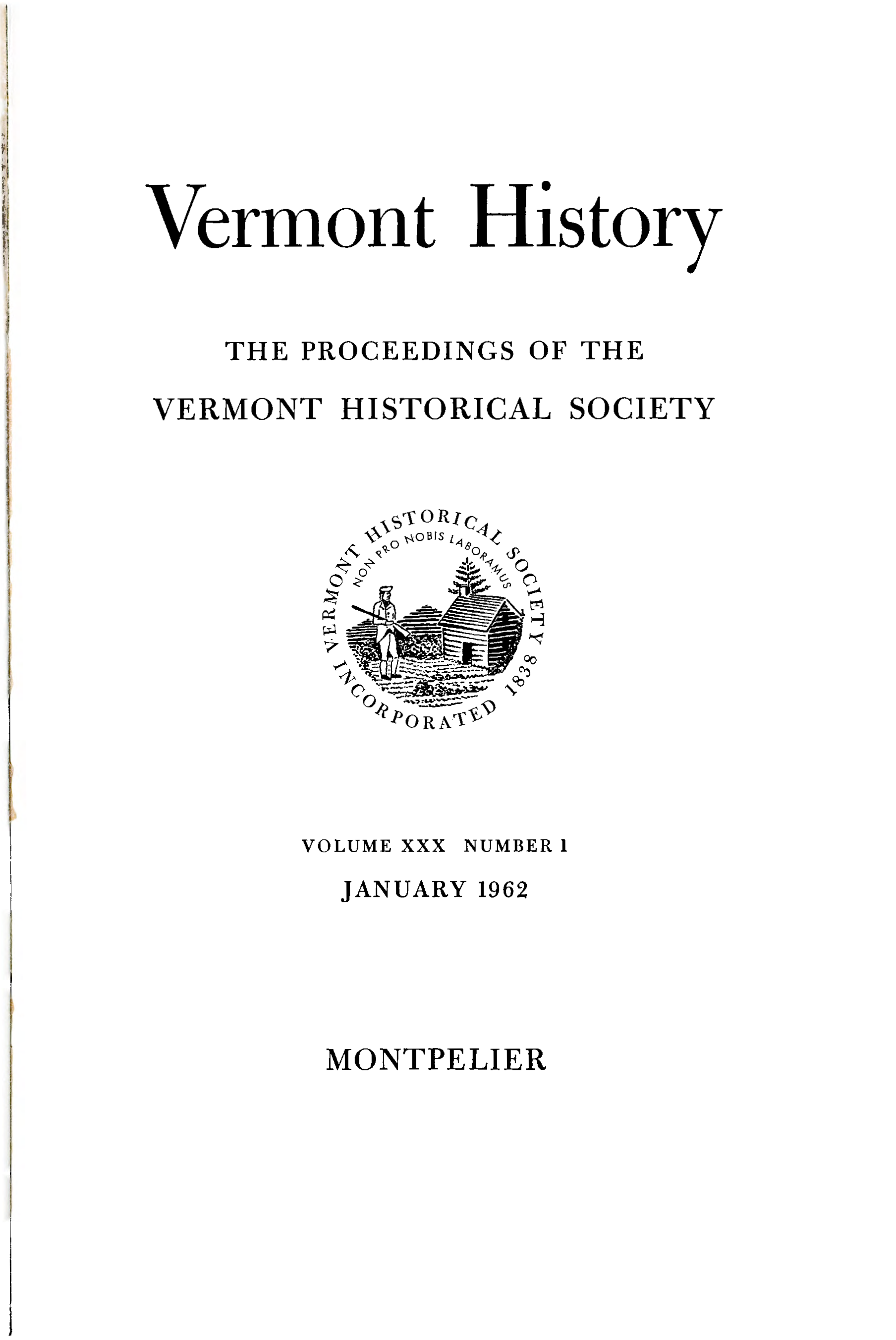 Title page of a book titled 'Vermont History,' published in January 1962 by the Vermont Historical Society in Montpelier.
